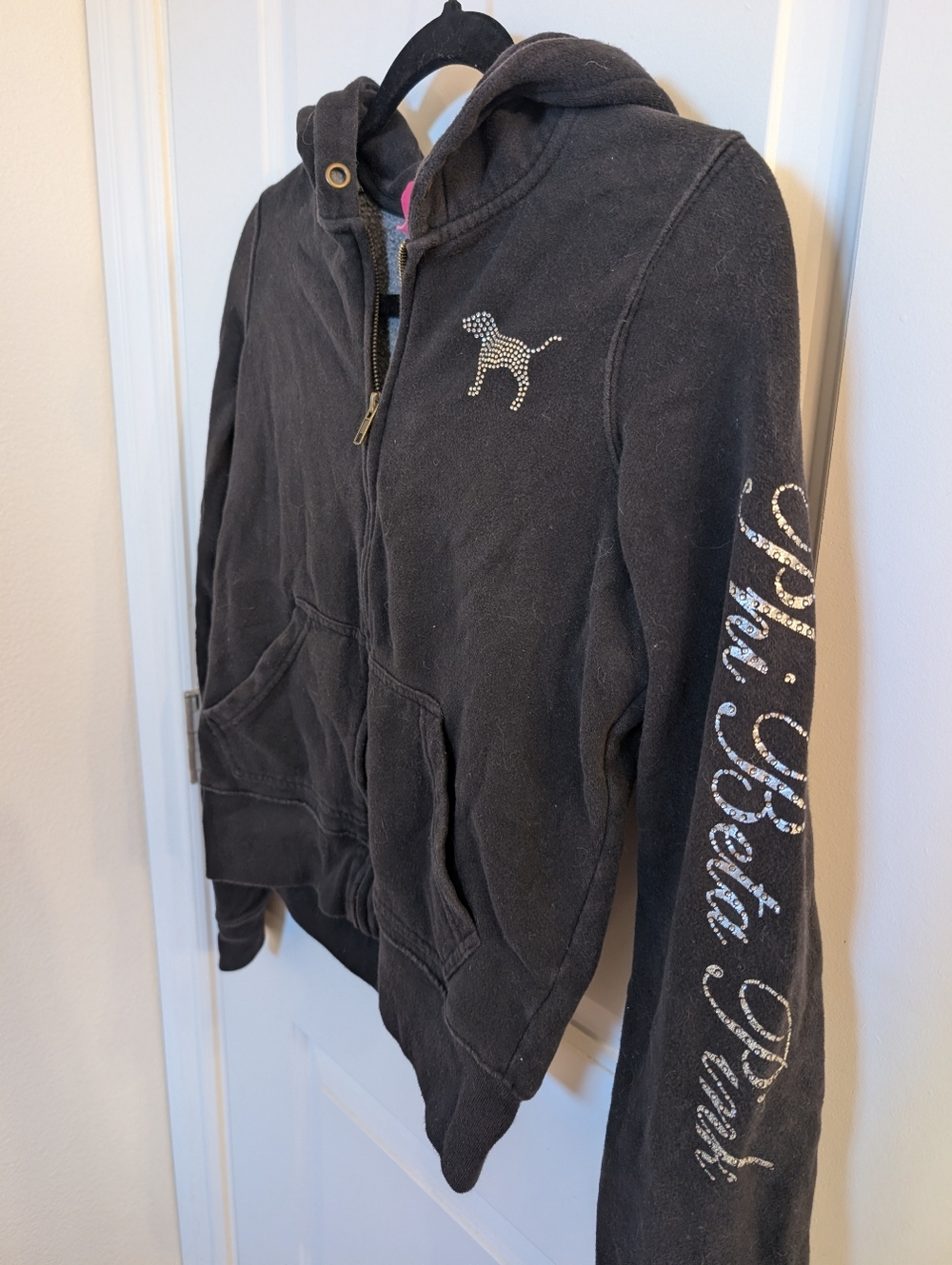 PINK Victoria's Secret Black Vintage Bedazzeled Hoodie - Picture 2 of 7